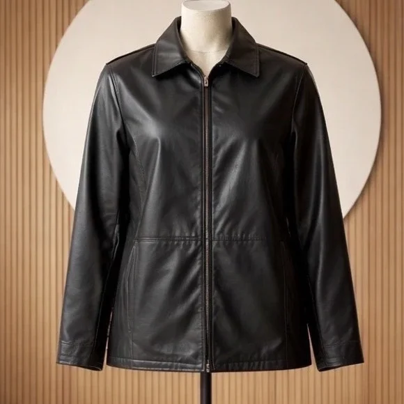 Worthington Womens Black Genuine Leather Zip Front Jacket Size 1X Plus - Picture 1 of 9